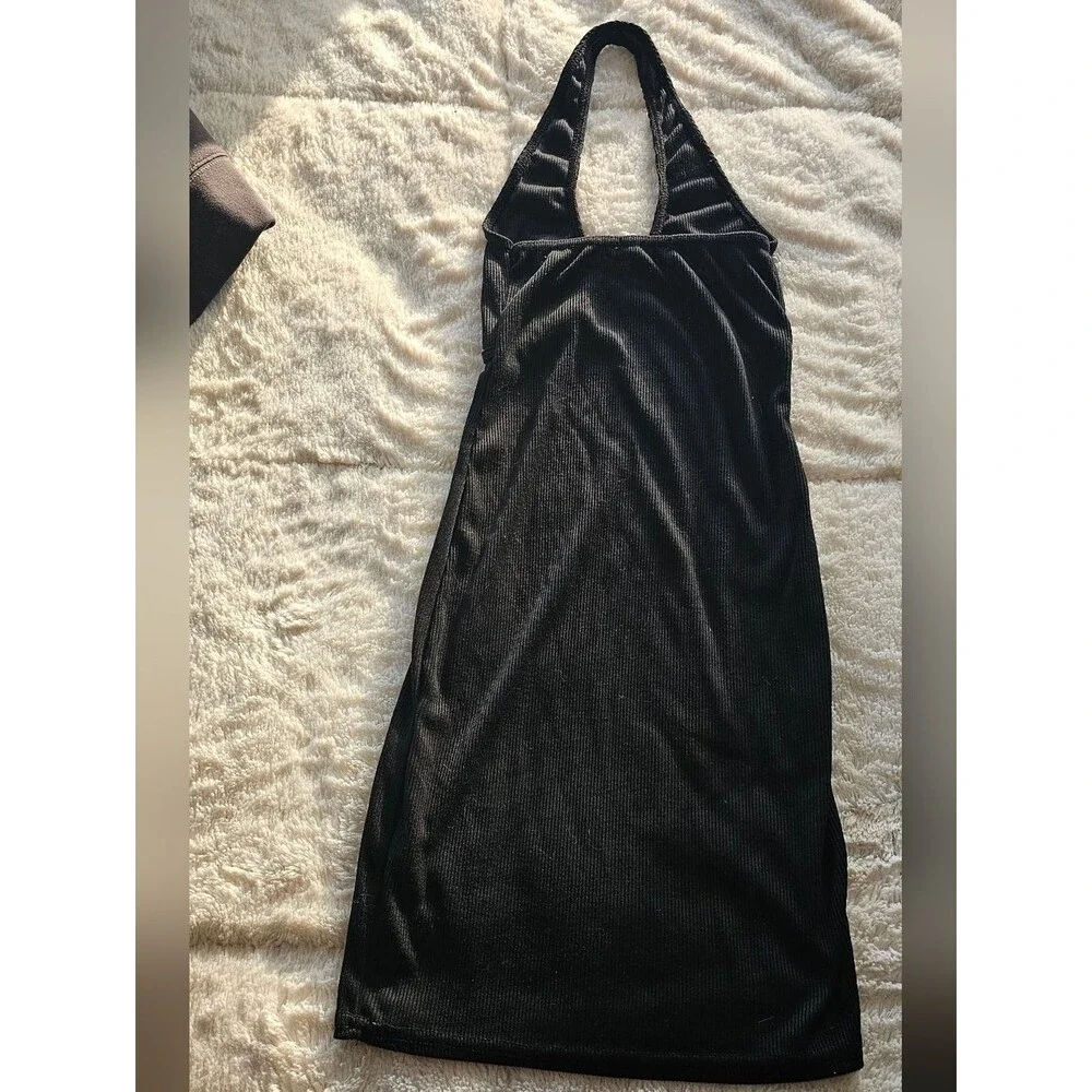 Black Halter Ribbed Midi Dress - Women Size XS